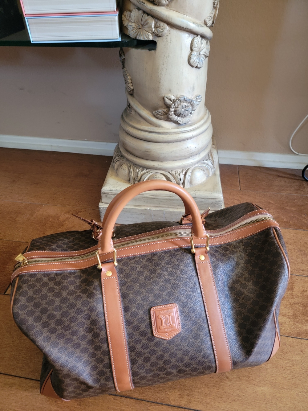 Celine  Brown Patterned Travel Duffel Bag with Tan Trim